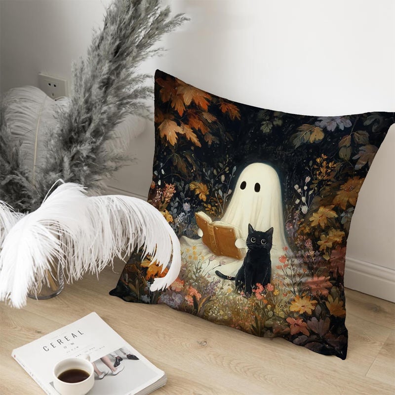 RBAFAO Vintage Floral Throw Pillow Covers, Vintage Flower Pattern Double Sided Cushion Cover, Indoor and Outdoor Home Art Decor Pillowcase for Sofa or Bedroom Decor 18x18inches (Ghost&Cat, 18x18inches) - Image 4
